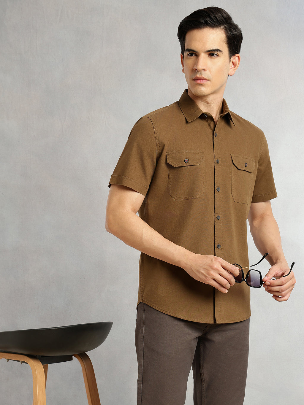 Thomas Scott Men Brown Men Cricket Club Collection Premium Slim Fit Casual Shirt-Dual Flap Pockets With Short Sleeves