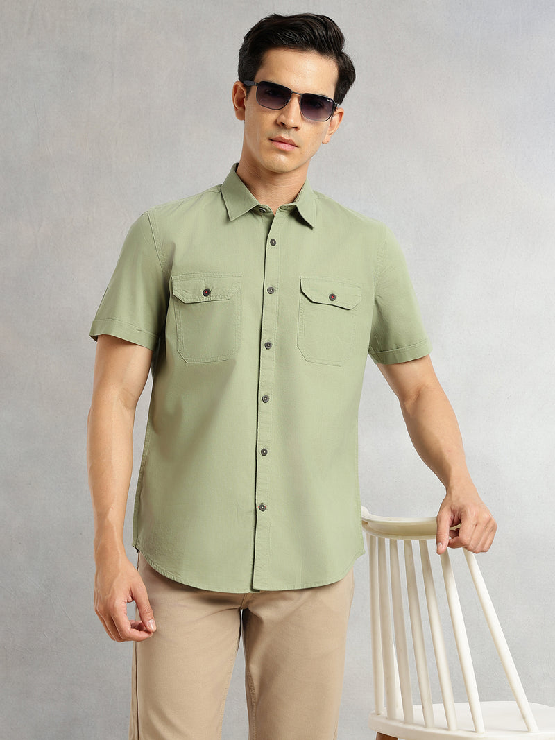 Thomas Scott Men Light Olive Men Cricket Club Collection Premium Slim Fit Casual Shirt-Dual Flap Pockets With Short Sleeves