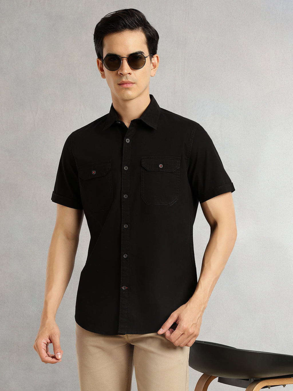 Thomas Scott Men Black Men Cricket Club Collection Premium Slim Fit Casual Shirt-Dual Flap Pockets With Short Sleeves