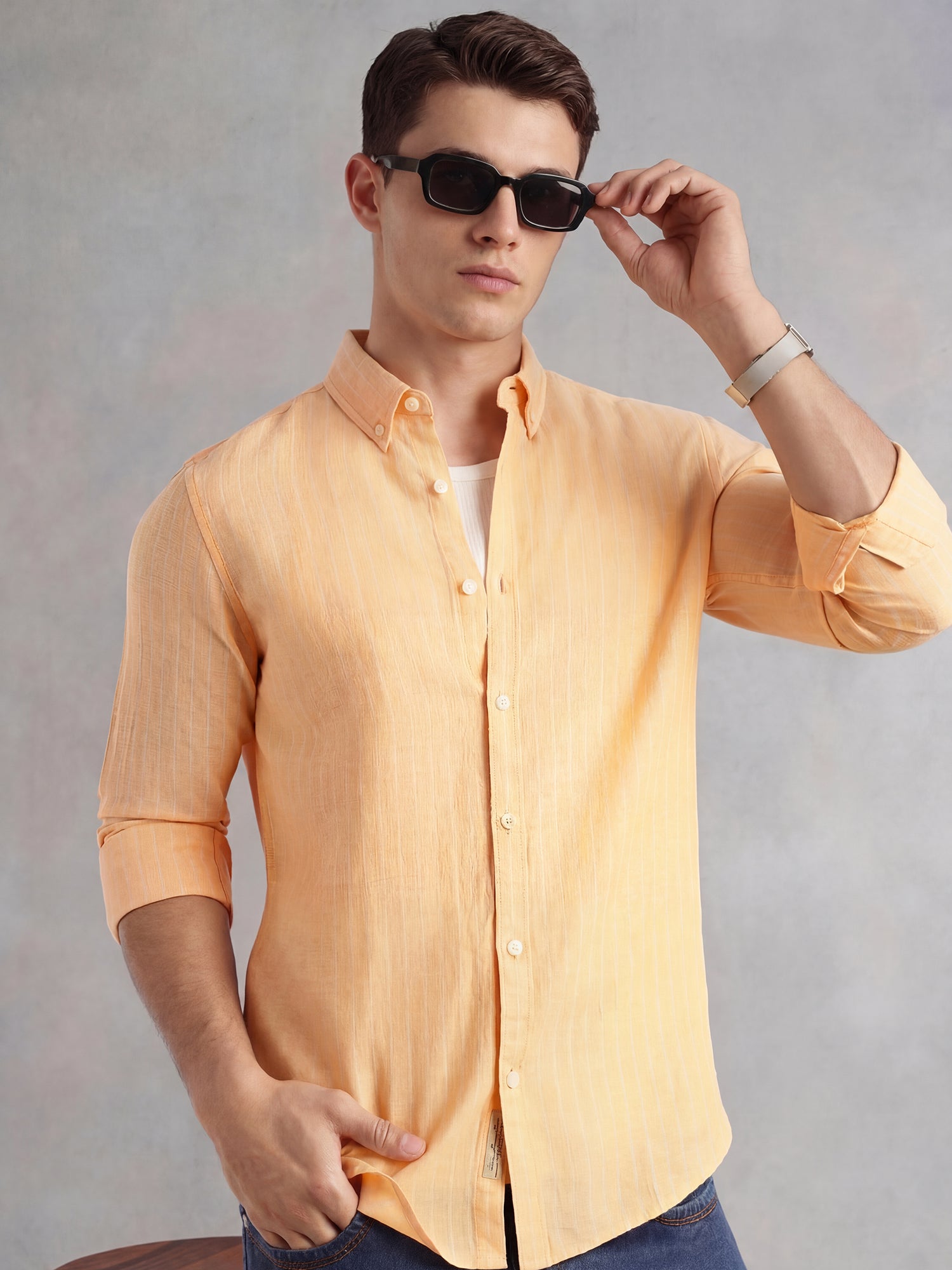 Thomas Scott Men Orange Slim Fit Long Regular Sleeves Vertical Striped Button-Down Collar Linen Casual Shirt