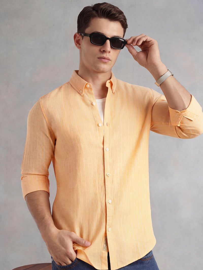Thomas Scott Men Orange Slim Fit Long Regular Sleeves Vertical Striped Button-Down Collar Linen Casual Shirt