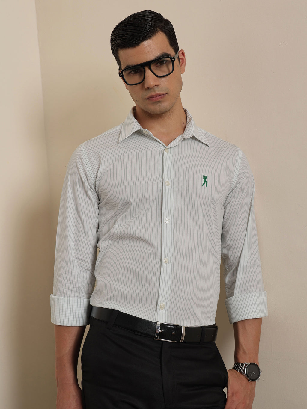 Thomas Scott Men Premium Green Regular Fit Vertical Striped Cotton Formal Shirt with Spread Collar & Full Sleeves