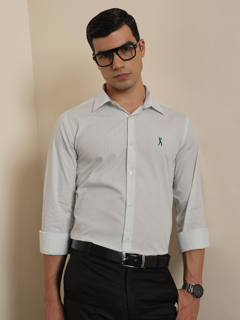 Thomas Scott Men Premium Green Regular Fit Vertical Striped Cotton Formal Shirt with Spread Collar & Full Sleeves