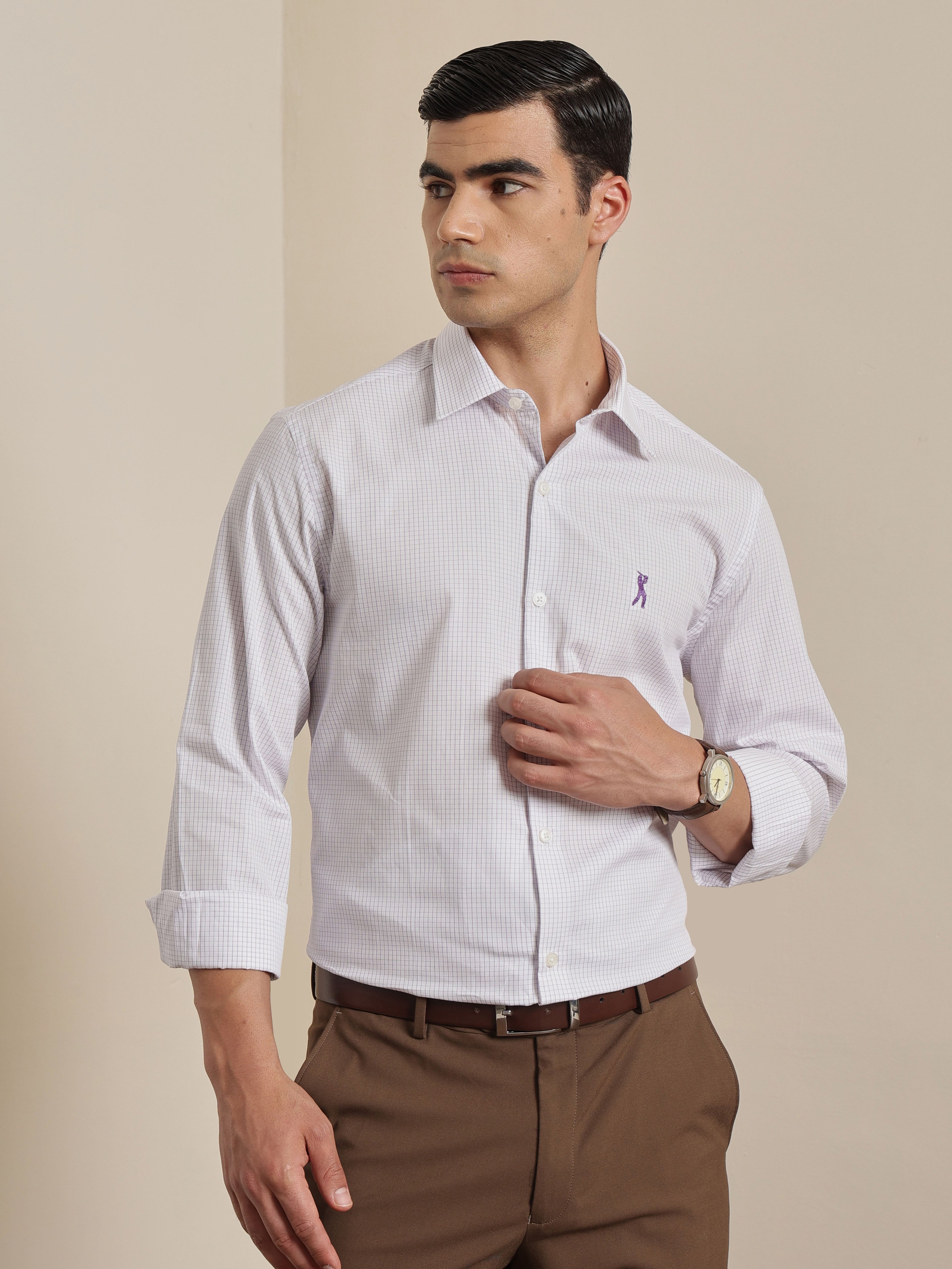Thomas Scott Men Premium Purple Regular Fit Long Sleeves Spread Collar Micro Checks Cotton Formal Shirt
