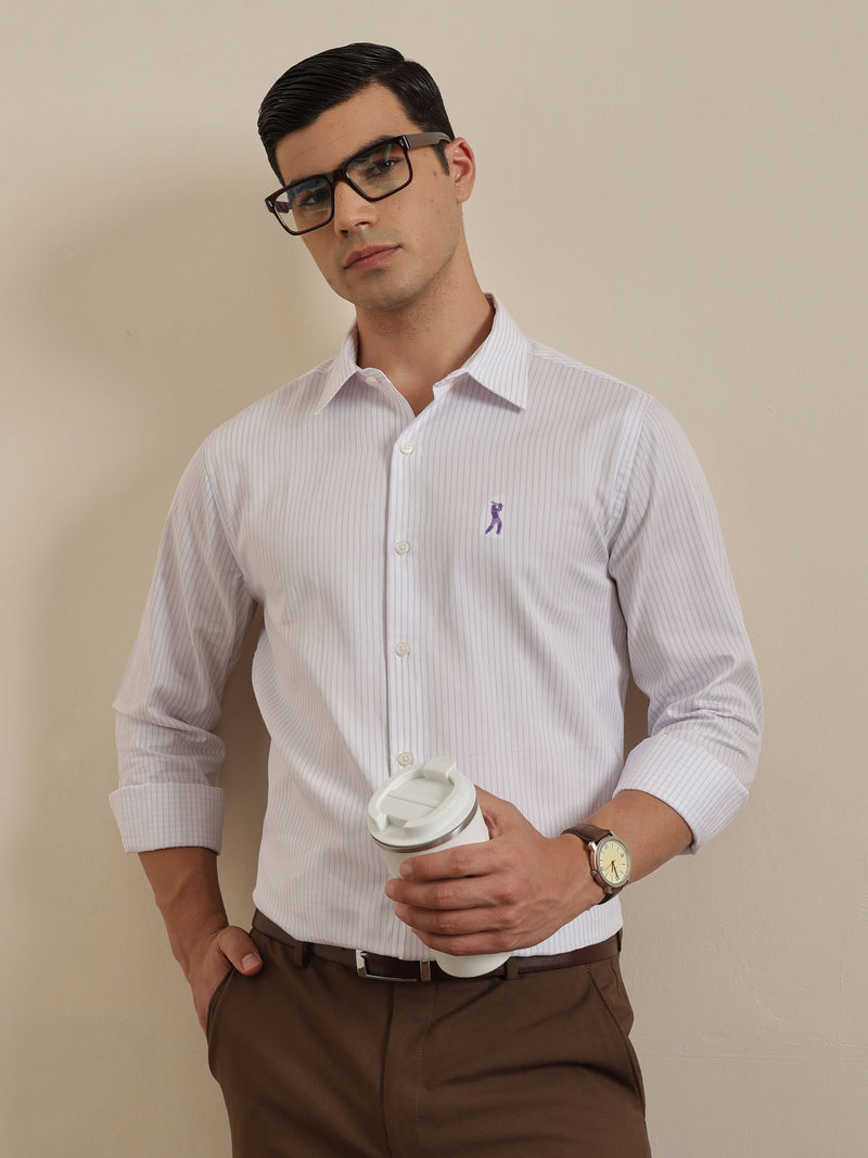 Thomas Scott Men Premium Violet Vertical Stripes Cotton Formal Shirt with Spread Collar & Full Sleeves