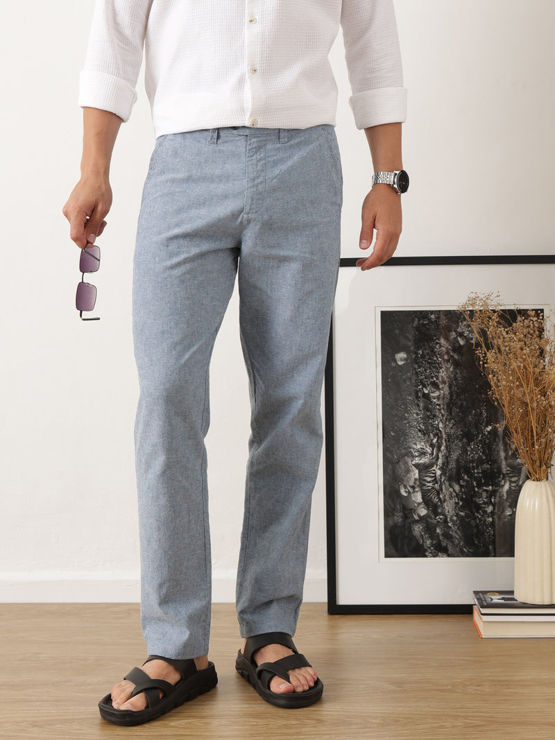 Thomas Scott Men Smart Blue Straight Fit Mid-Rise Solid Woven Linen Trouser