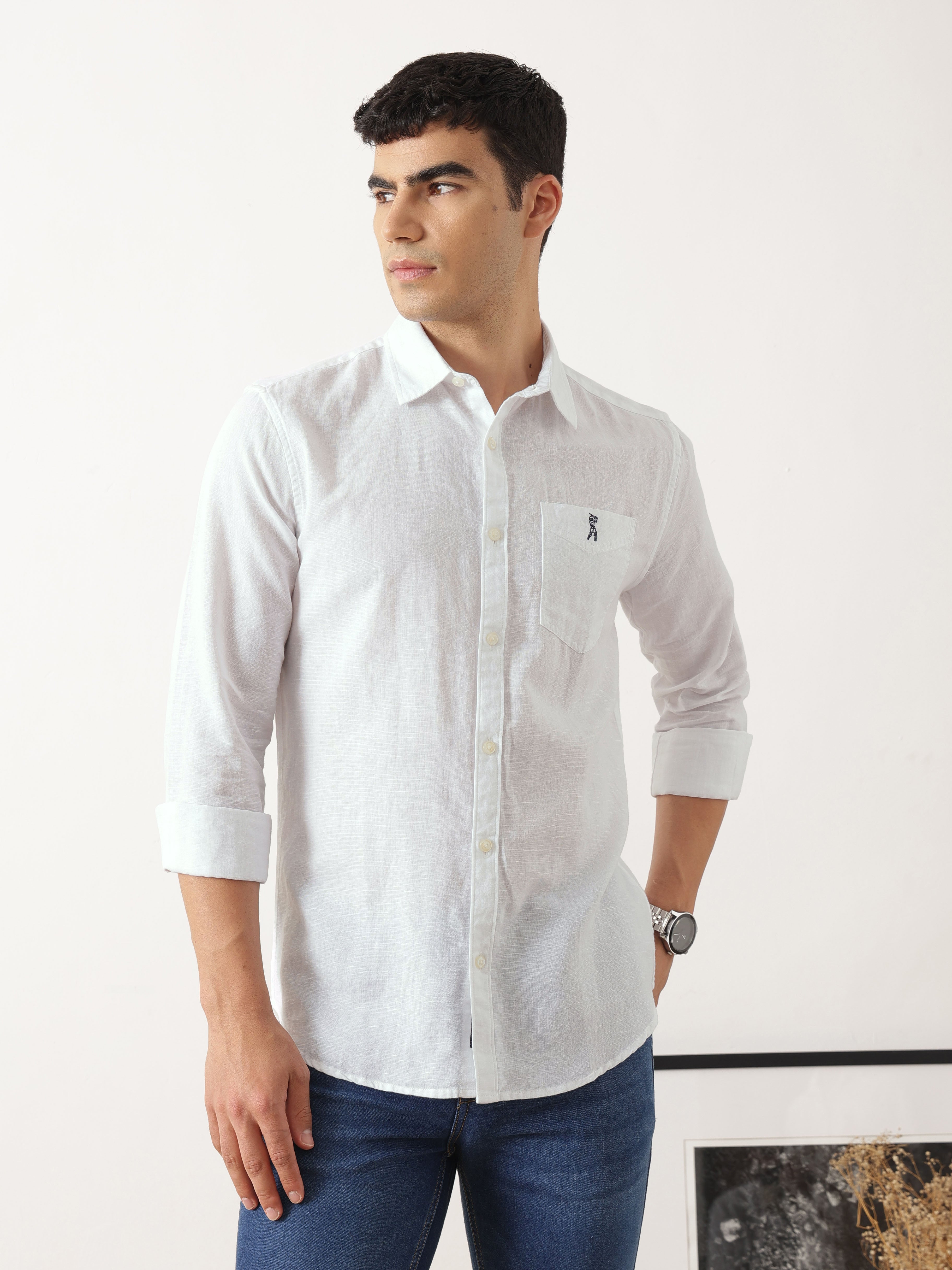 Thomas Scott Men Premium White Slim Fit Solid Spread Collar Cotton Linen Casual Shirt with Long Sleeves