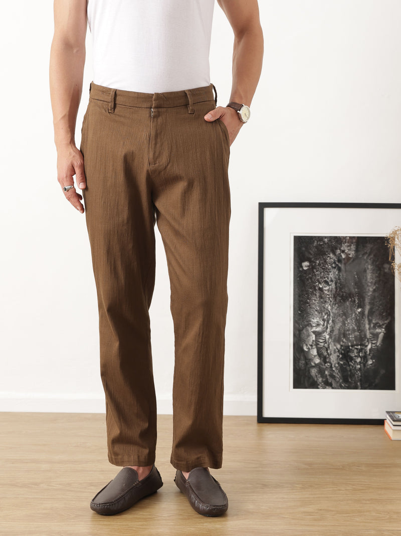 Thomas Scott Men Brown Smart Solid Regular Fit Woven Linen Pleated Trousers