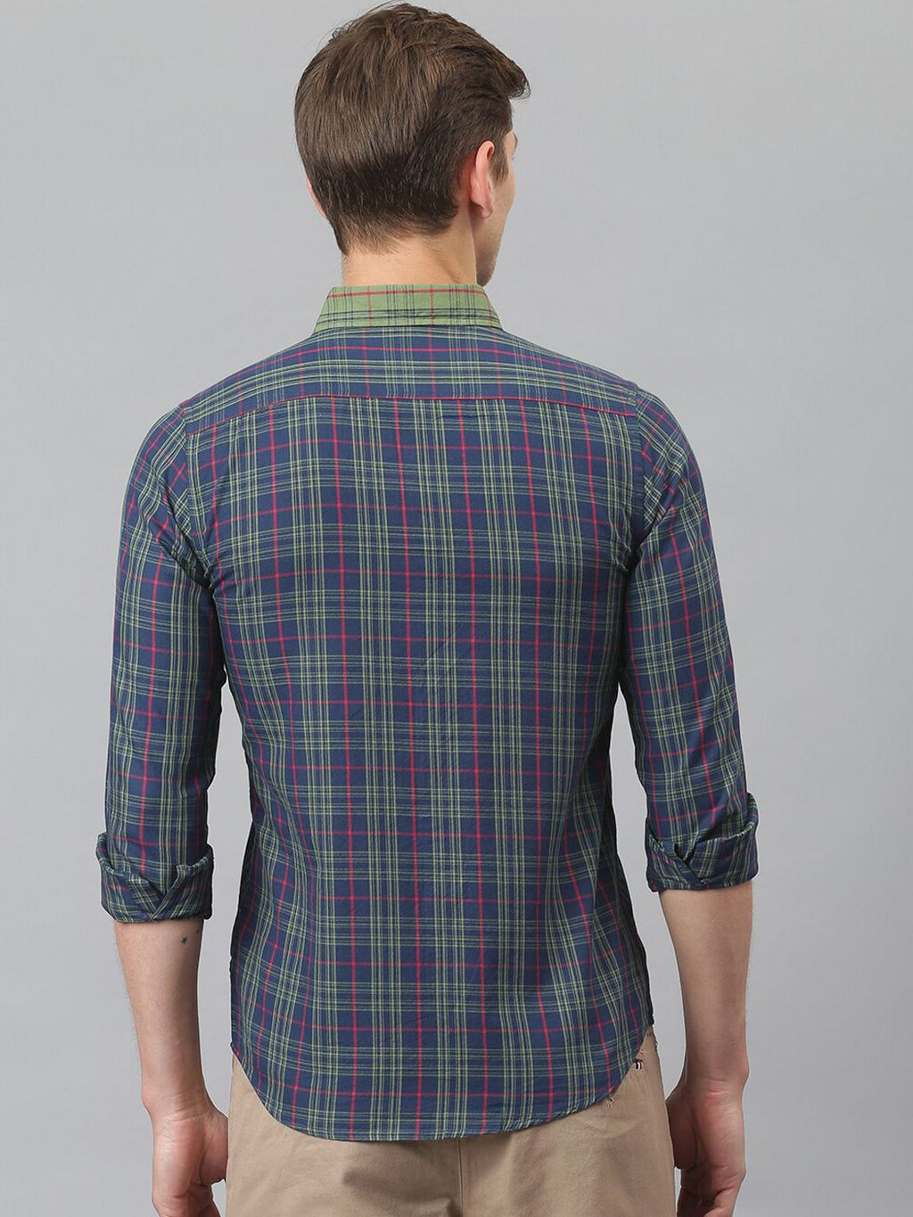 Midnight Blue Relaxed Long Sleeves Slim Fit Tartan Checkes Button-Down Collar Cotton Casual Shirt For Men