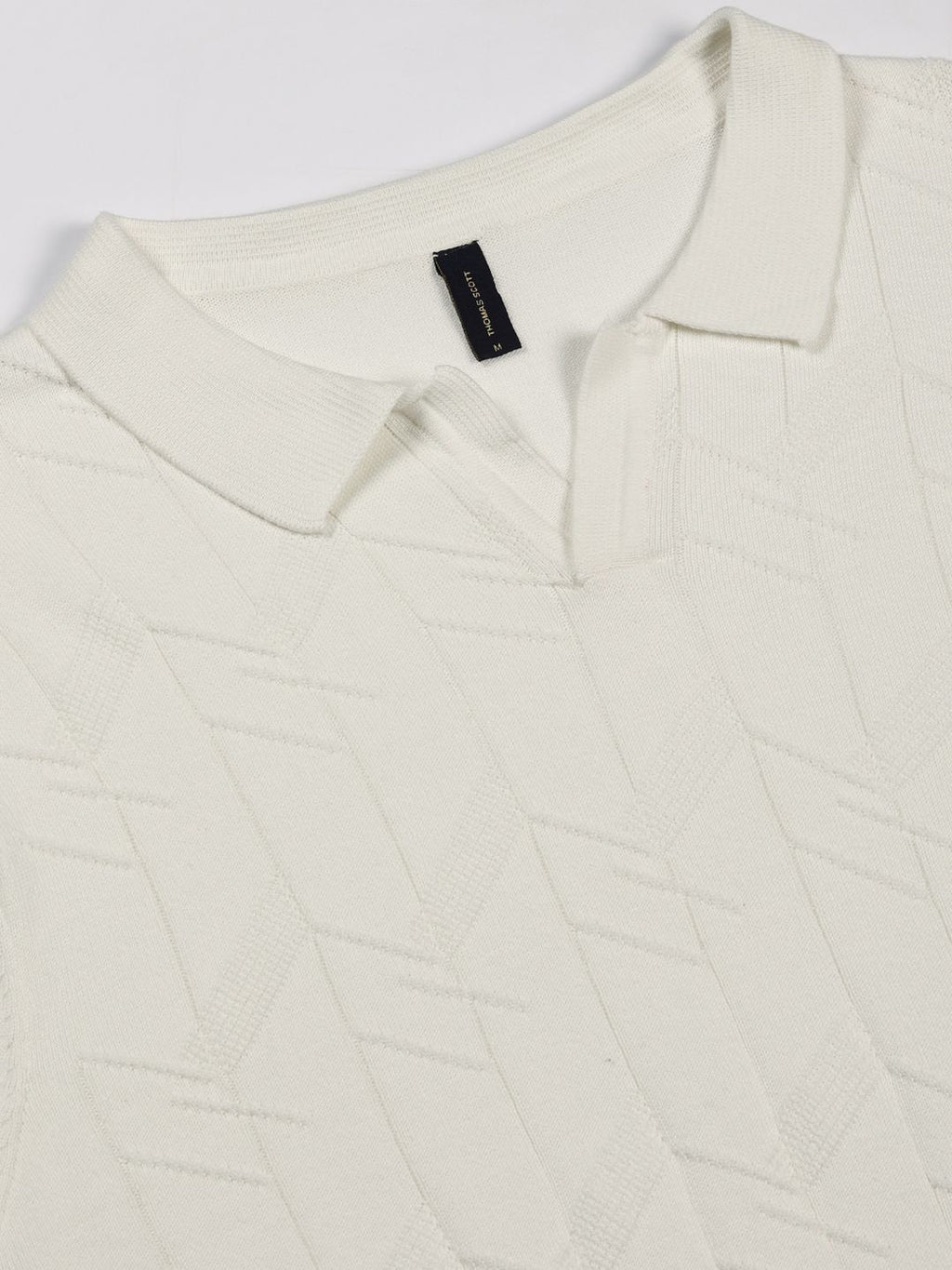 White Short Sleeves Regular Fit Self Design Cotton Polo Collar Knitted Tshirts For Men
