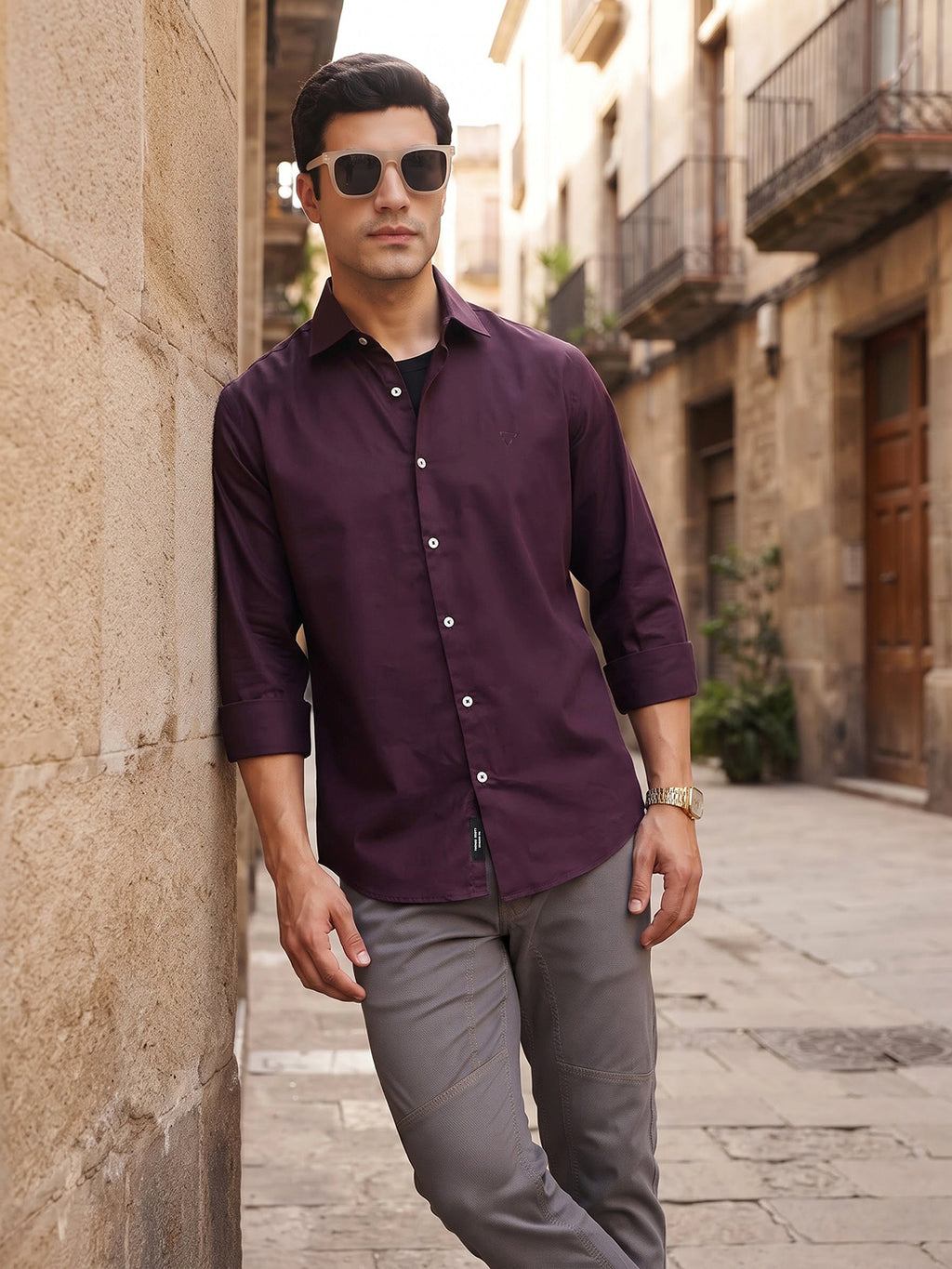 Wine Premium Slim Fit Solid Cotton Casual Shirt For Men