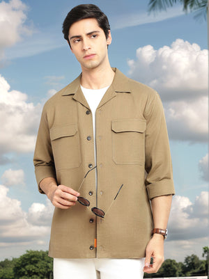 Khaki Cricket Club Collection Oversized Fit Long Sleeves Camp Collar Cotton Linen Twill Shacket with 2 Flap Pockets