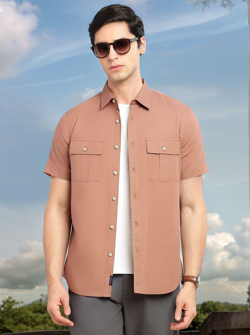 Thomas Scott Men Brown Cricket Club Collection Slim Fit Short Sleeve Spread Collar 2 Flap Pockets Solid Design Cotton Twill Casual Shirt