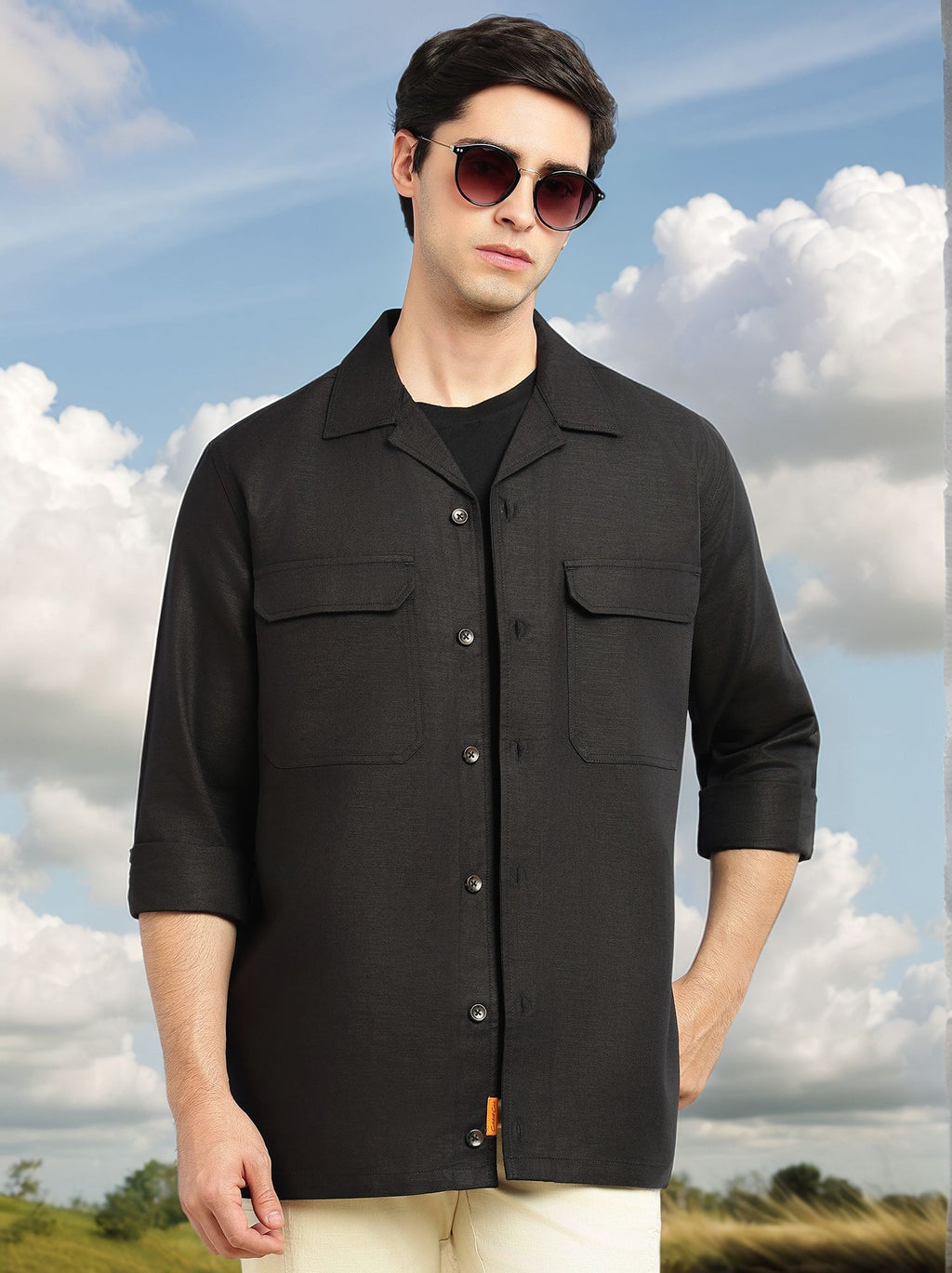 Thomas Scott Men Black Cricket Club Collection Oversized Fit Long Sleeves Camp Collar Cotton Linen Twill Shacket with 2 Flap Pockets