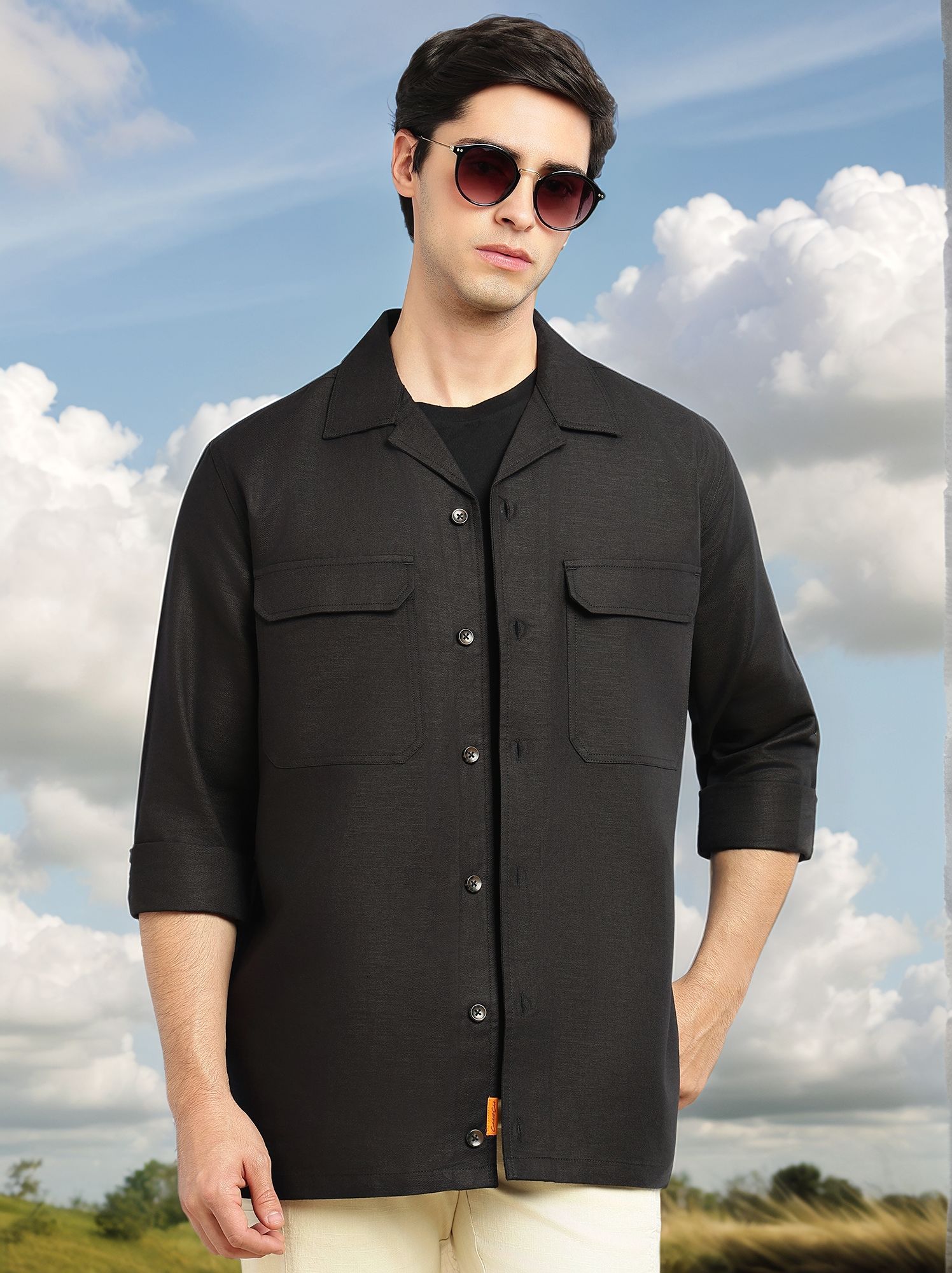 Thomas Scott Men Black Cricket Club Collection Oversized Fit Long Sleeves Camp Collar Cotton Linen Twill Shacket with 2 Flap Pockets