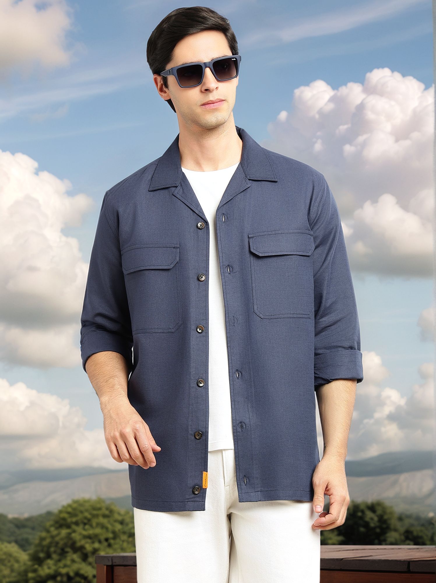 Thomas Scott Men Navy Cricket Club Collection Oversized Fit Long Sleeves Camp Collar Cotton Linen Twill Shacket with 2 Flap Pockets