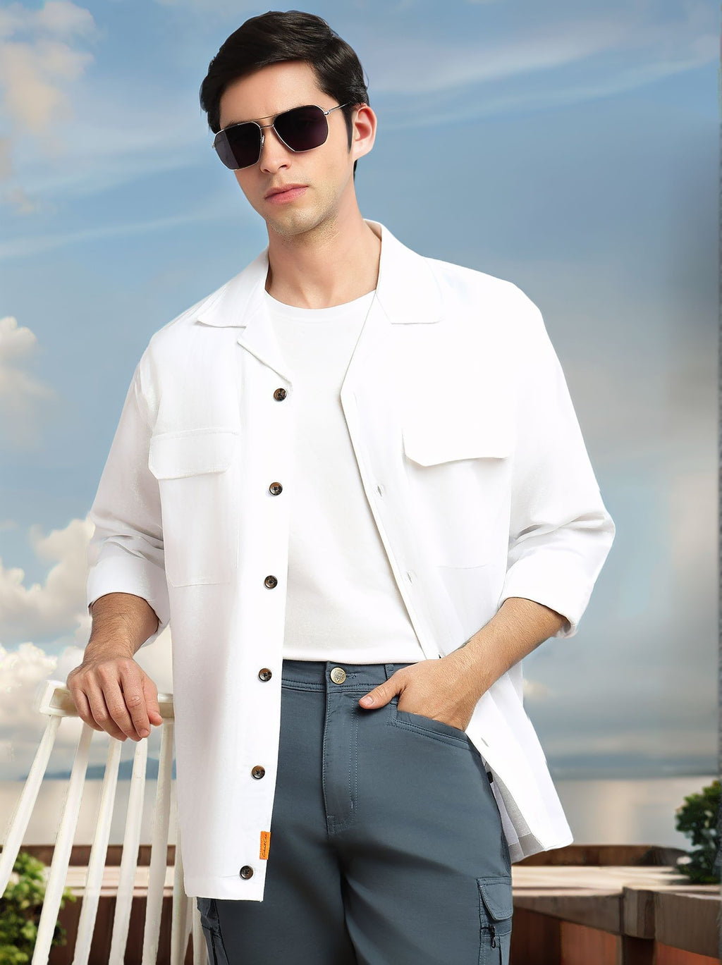 Thomas Scott Men White Cricket Club Collection Oversized Fit Long Sleeves Camp Collar Cotton Linen Twill Shacket with 2 Flap Pockets