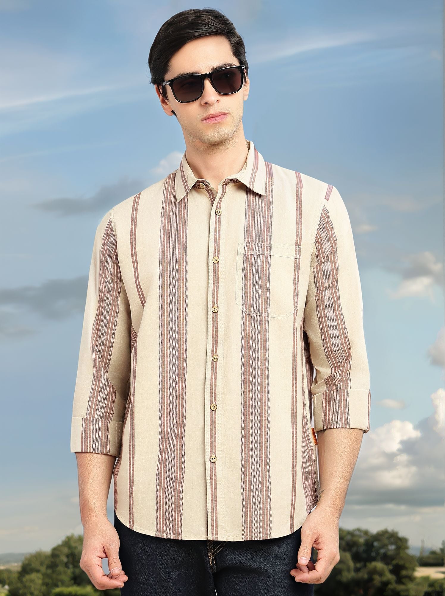 Thomas Scott Men Beige Cricket Club Collection Men Striped Cotton Linen Shirt-Slim Fit, Long Sleeve, Spread Collar Casual Wear