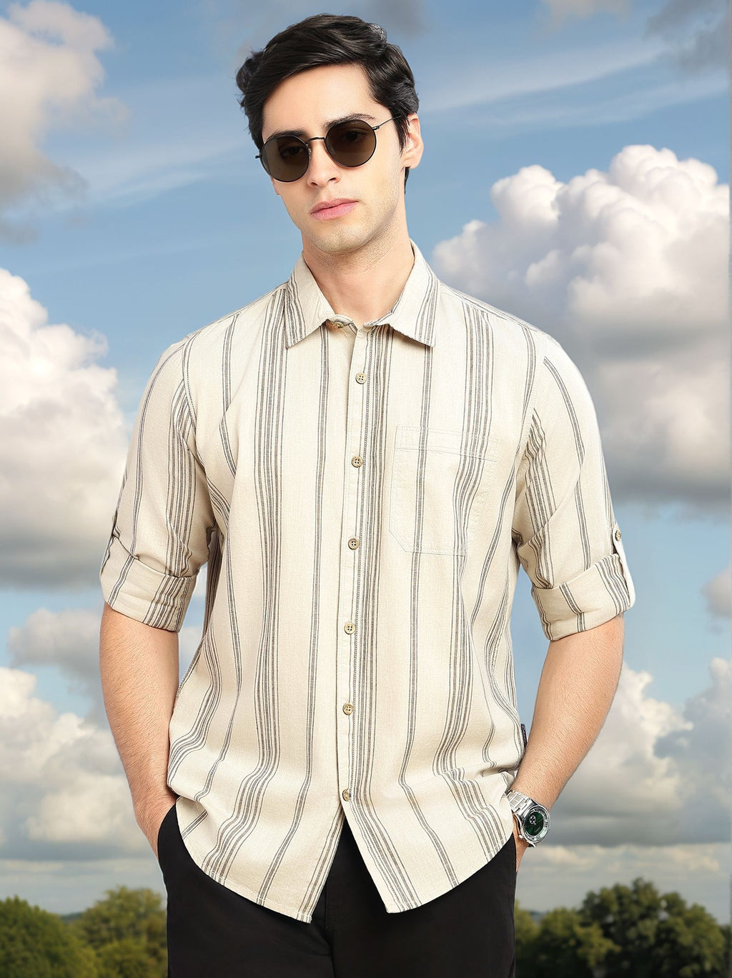 Thomas Scott Men Peach Cricket Club Collection Slim Fit Cotton Linen Classic Striped Casual Wear Shirt for Men