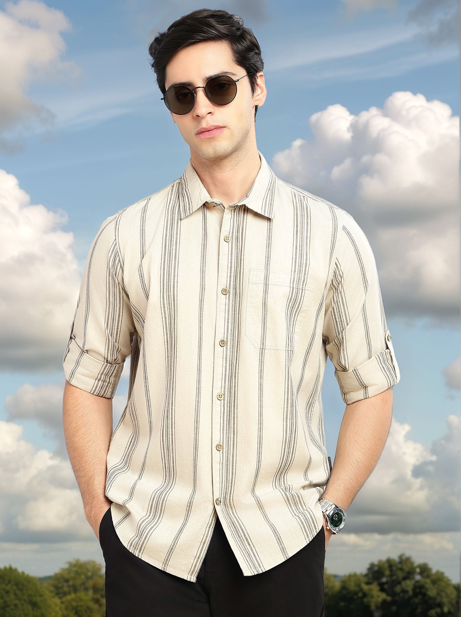 Thomas Scott Men Peach Cricket Club Collection Slim Fit Cotton Linen Classic Striped Casual Wear Shirt for Men