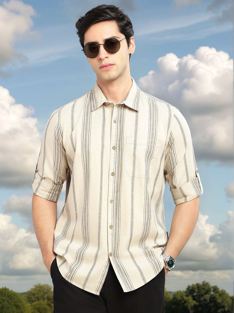 Thomas Scott Men Peach Cricket Club Collection Slim Fit Cotton Linen Classic Striped Casual Wear Shirt for Men