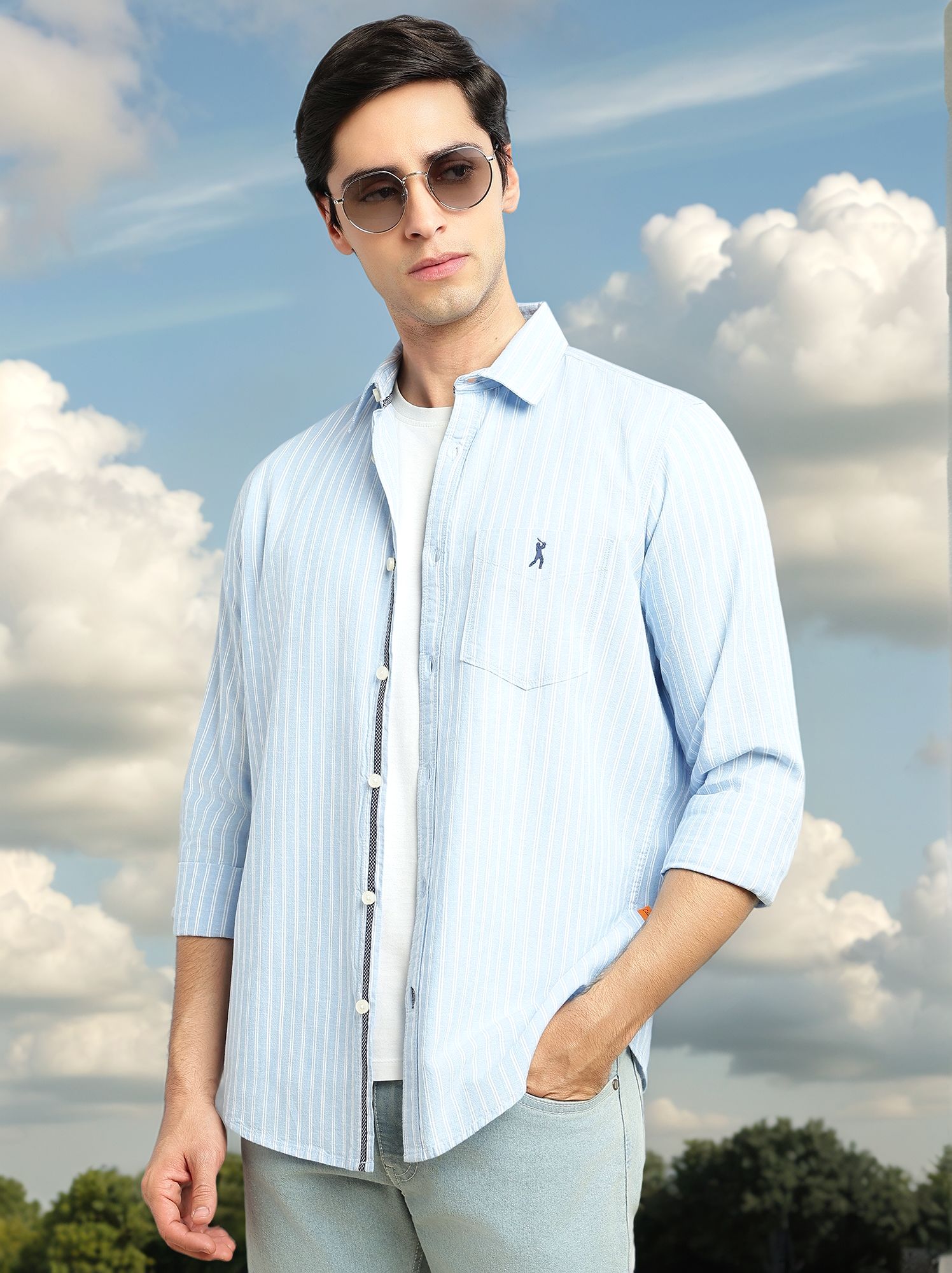 Thomas Scott Men Blue Cricket Club Collection Slim Fit 100% Cotton Oxford Shirt with Vertical Stripes & Spread Collar