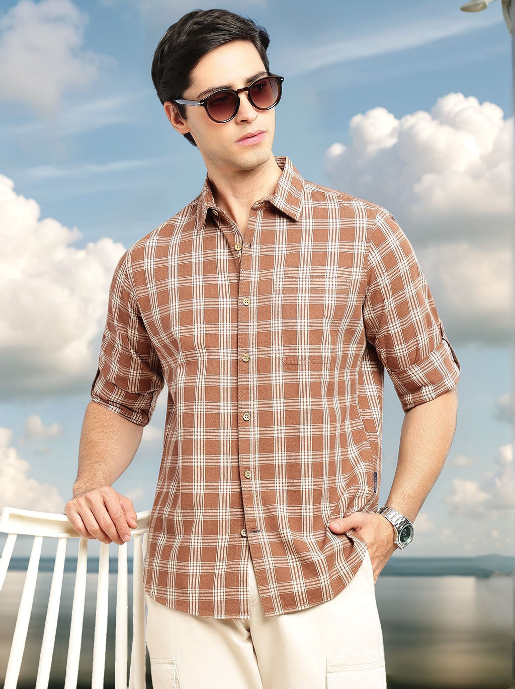 Thomas Scott Men Brown Slim Fit Tartan Checks Cotton Linen Casual Shirt-Cricket Club Collection, Roll-Up Sleeves & Spread Collar