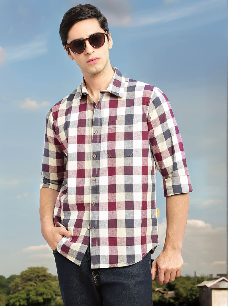 Thomas Scott Men Wine Cricket Club Collection Slim Fit Long Sleeves Shepherd Check Spread Collar Cotton Linen Casual Shirt