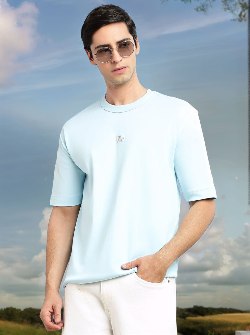 Thomas Scott Men Blue Cricket Club Collection Oversized Fit Round Neck Short Sleeves 100% Cotton Solid Knitted T-shirt