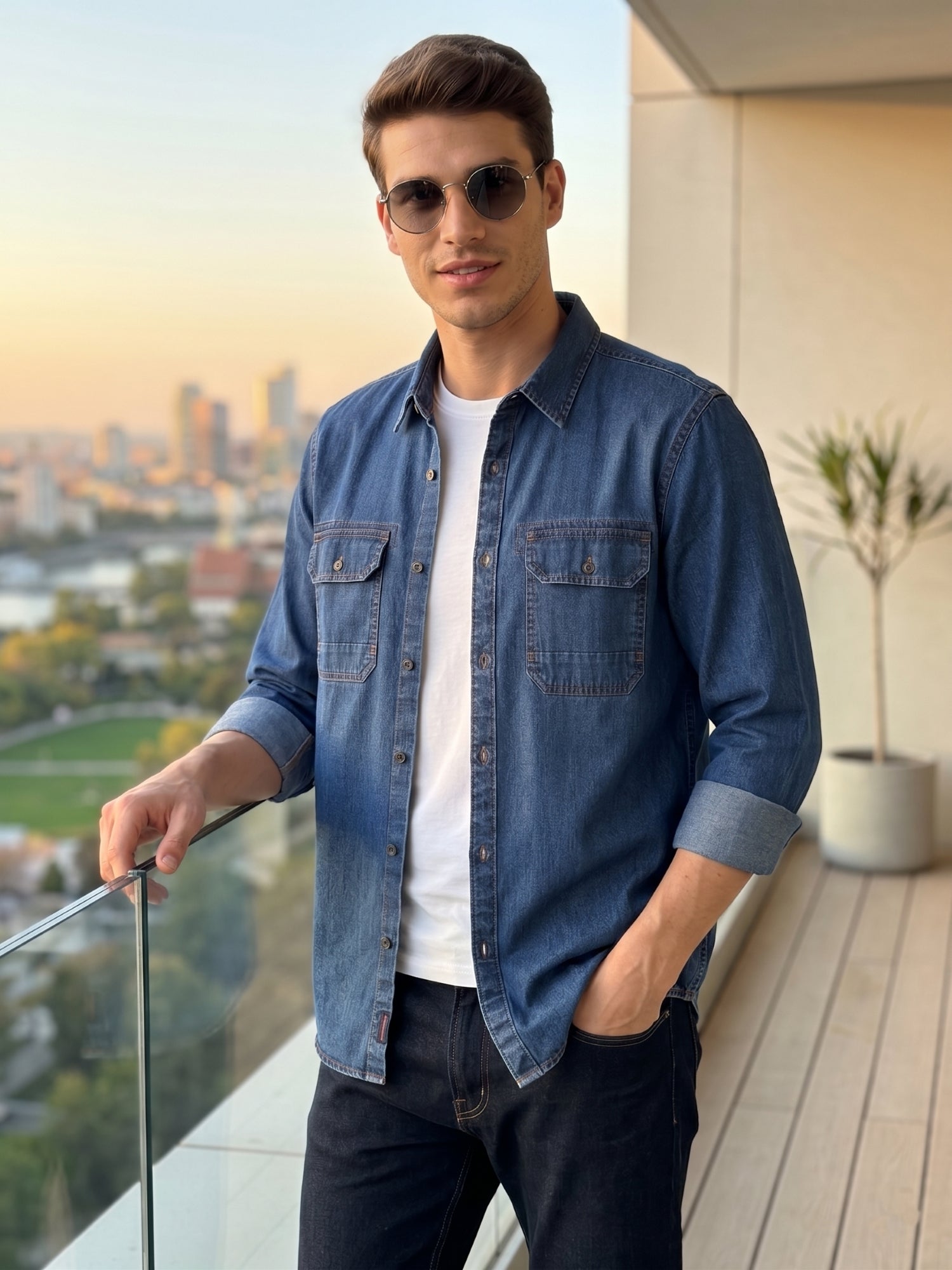 Thomas Scott Men Navy Cricket Club Collection Regular Fit Long Sleeves Spread Collar 100% Cotton Denim Casual Shirt
