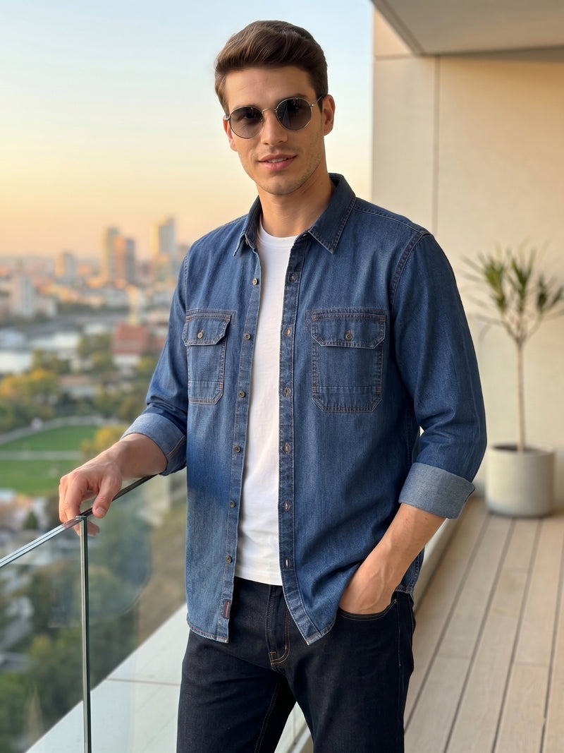 Thomas Scott Men Navy Cricket Club Collection Regular Fit Long Sleeves Spread Collar 100% Cotton Denim Casual Shirt