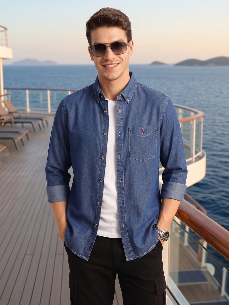 Thomas Scott Men Navy Cricket Club Collection Button-Down Collar Long Sleeves Dark Shade Regular Fit 100% Cotton Denim Shirt