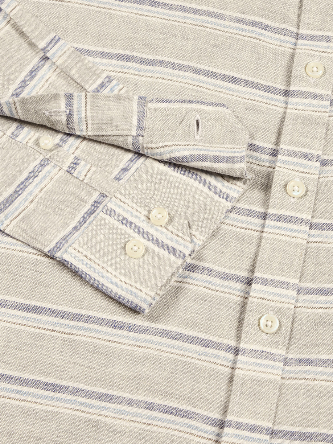 Thomas Scott Men Grey Premium Long Sleeves Spread Collar Horizontal Stripes Linen Casual Shirt
