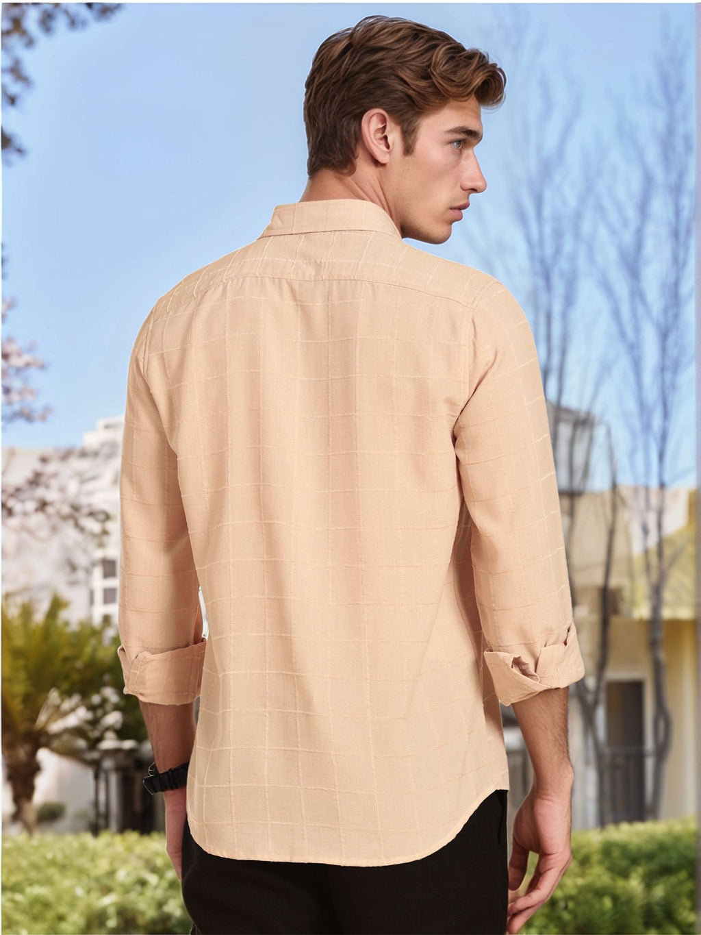 Thomas Scott Men Beige Regular Fit Long Sleeves Spread Collar Windowpane Checks Casual Shirt