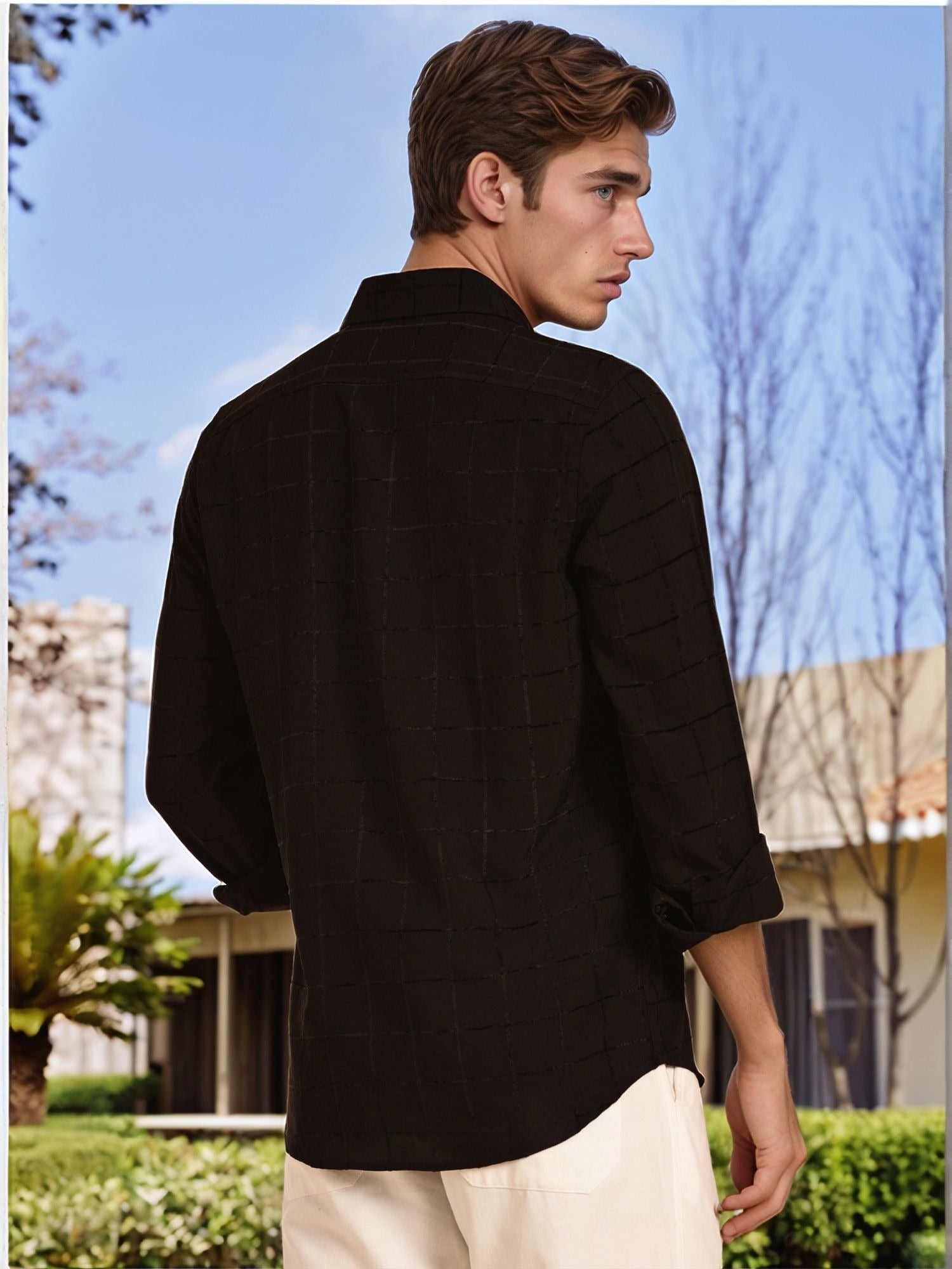 Thomas Scott Men Black Regular Fit Long Sleeves Spread Collar Windowpane Checks Casual Shirt