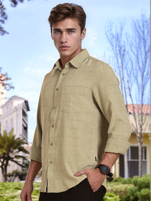 Thomas Scott Men Green Regular Fit Long Sleeves Spread Collar Windowpane Checks Casual Shirt
