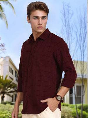 Thomas Scott Men Maroon Regular Fit Long Sleeves Spread Collar Windowpane Checks Casual Shirt