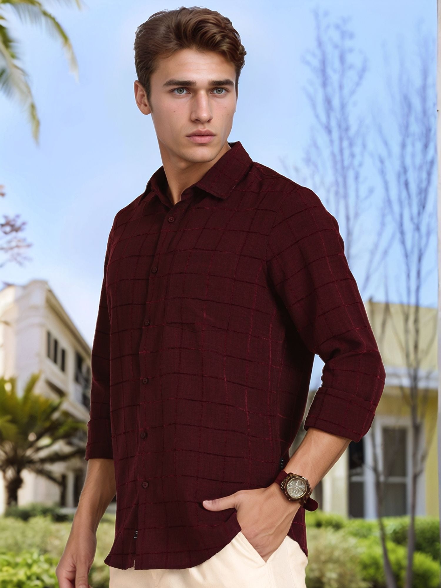 Thomas Scott Men Maroon Regular Fit Long Sleeves Spread Collar Windowpane Checks Casual Shirt
