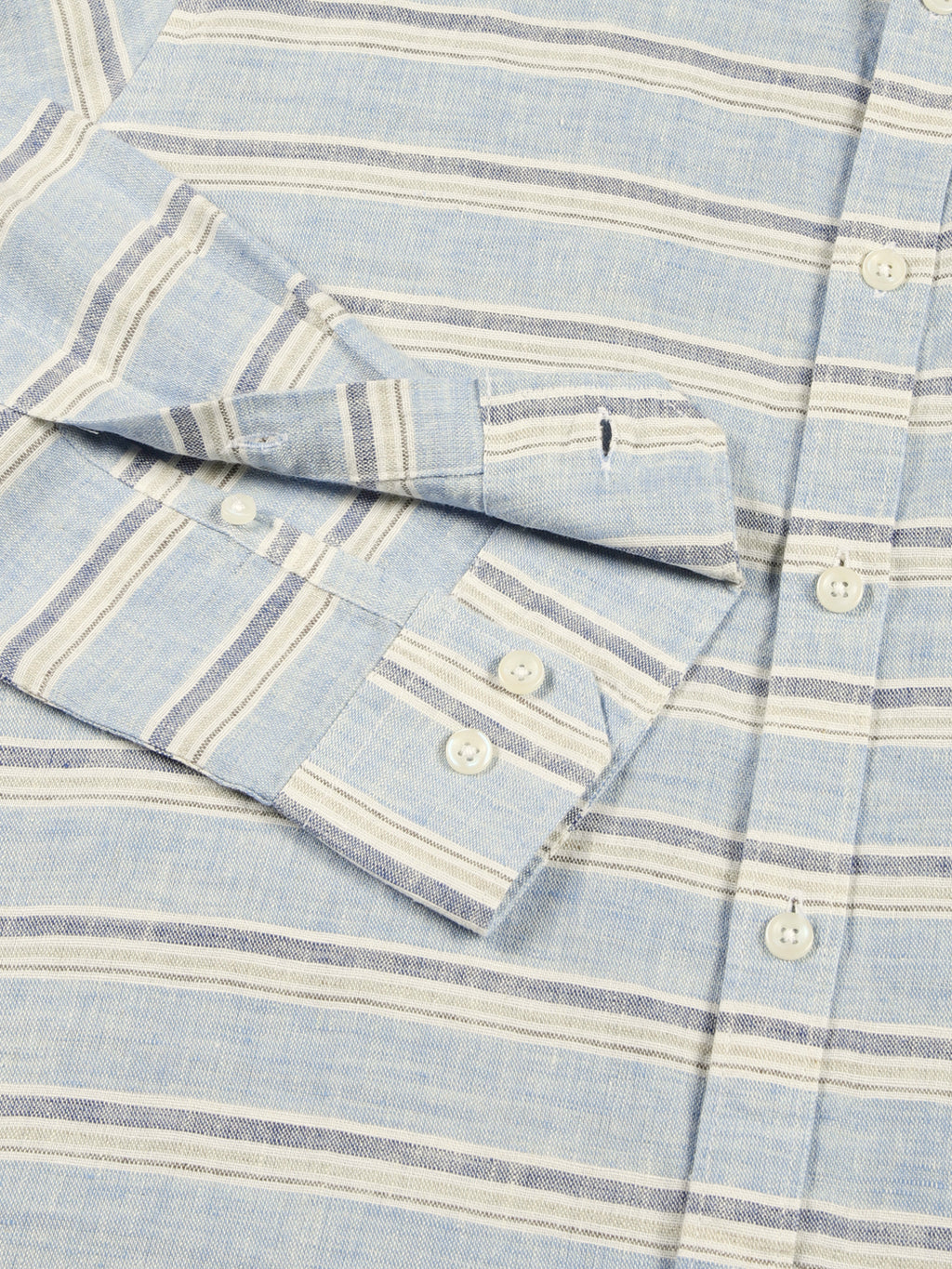 Thomas Scott Men Blue Slim Fit Long Sleeves Spread Collar Horizontal Stripes Linen Casual Shirt