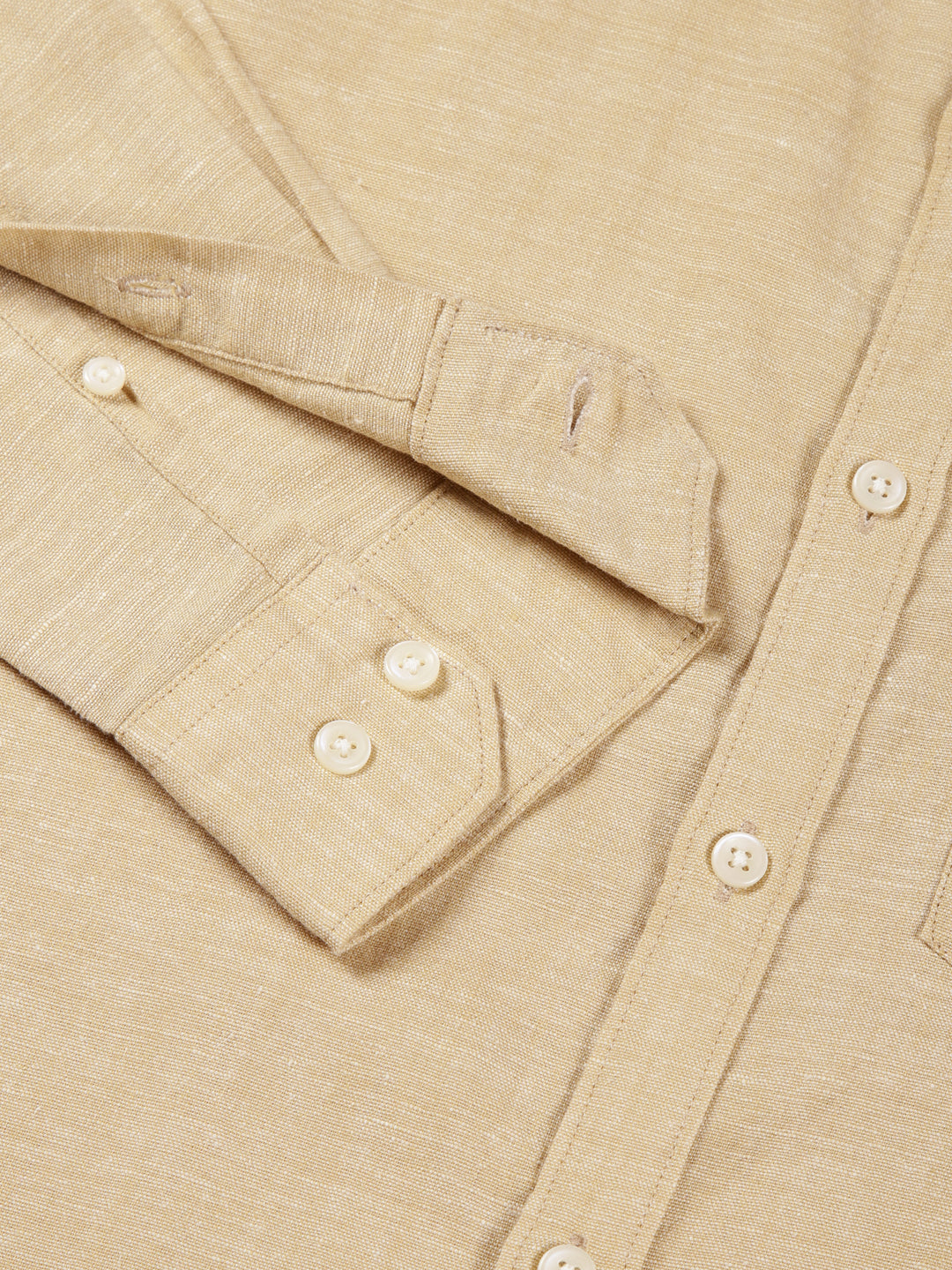 Thomas Scott Men Khaki Slim Fit Long Sleeves Mandarin Collar Cotton Linen Casual Shirt