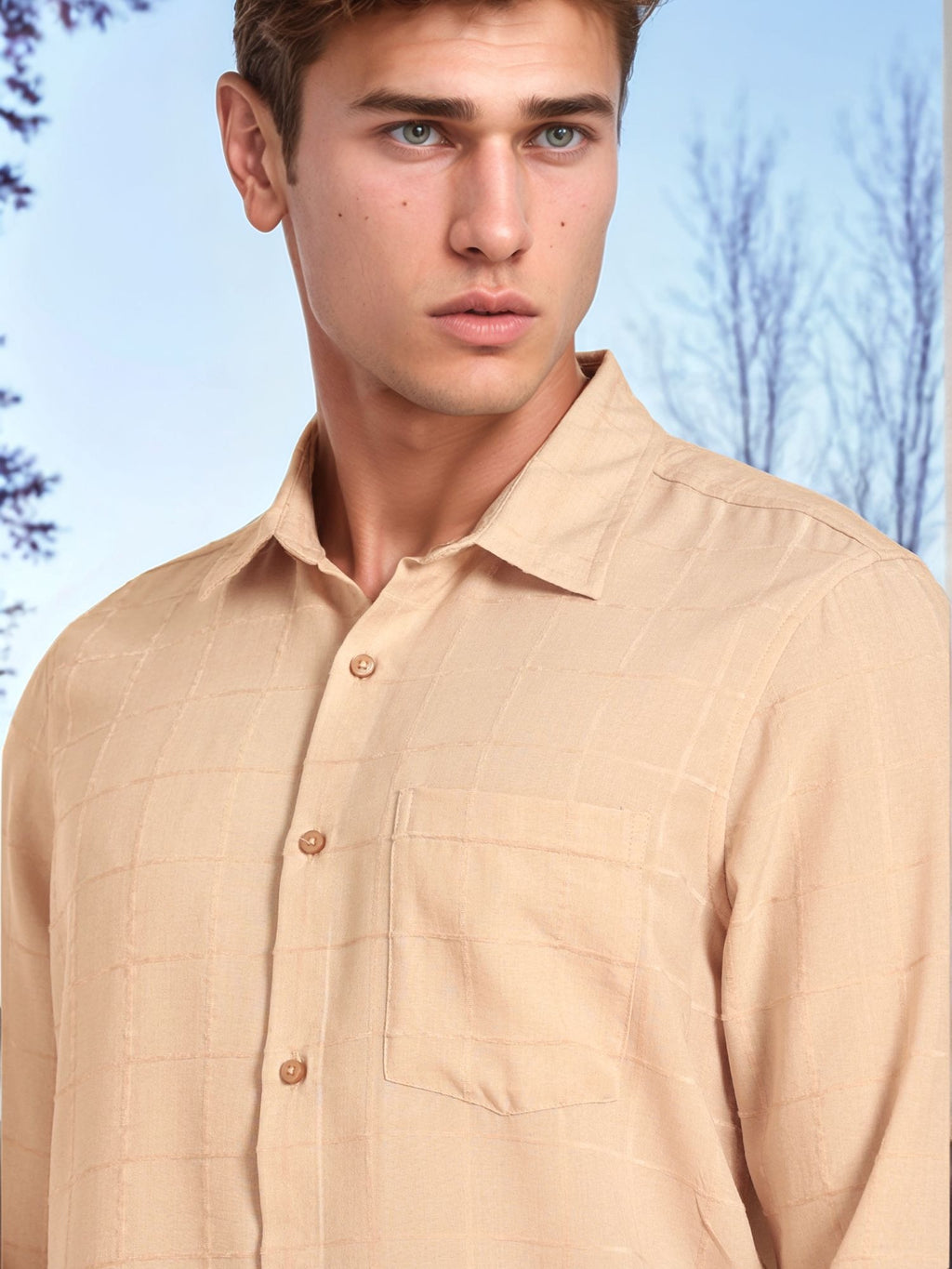 Thomas Scott Men Beige Regular Fit Long Sleeves Spread Collar Windowpane Checks Casual Shirt