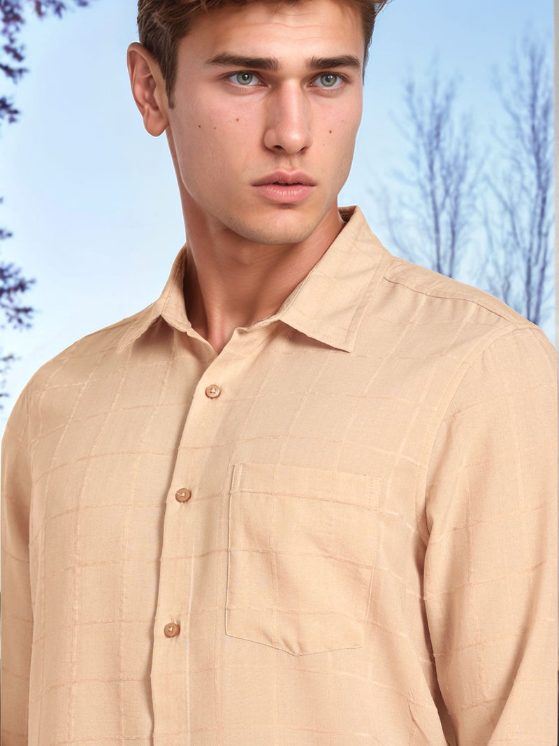Thomas Scott Men Beige Regular Fit Long Sleeves Spread Collar Windowpane Checks Casual Shirt