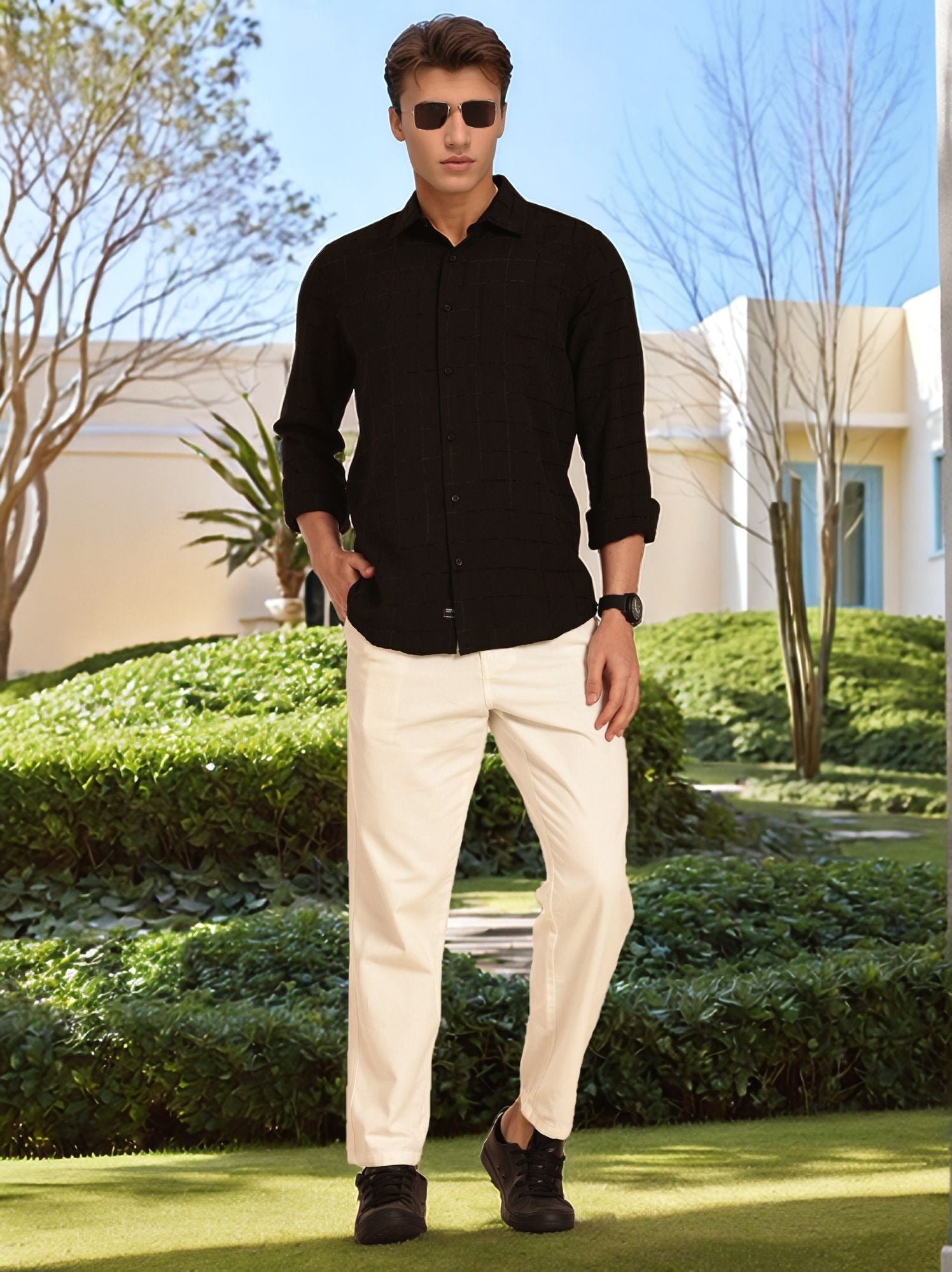 Thomas Scott Men Black Regular Fit Long Sleeves Spread Collar Windowpane Checks Casual Shirt