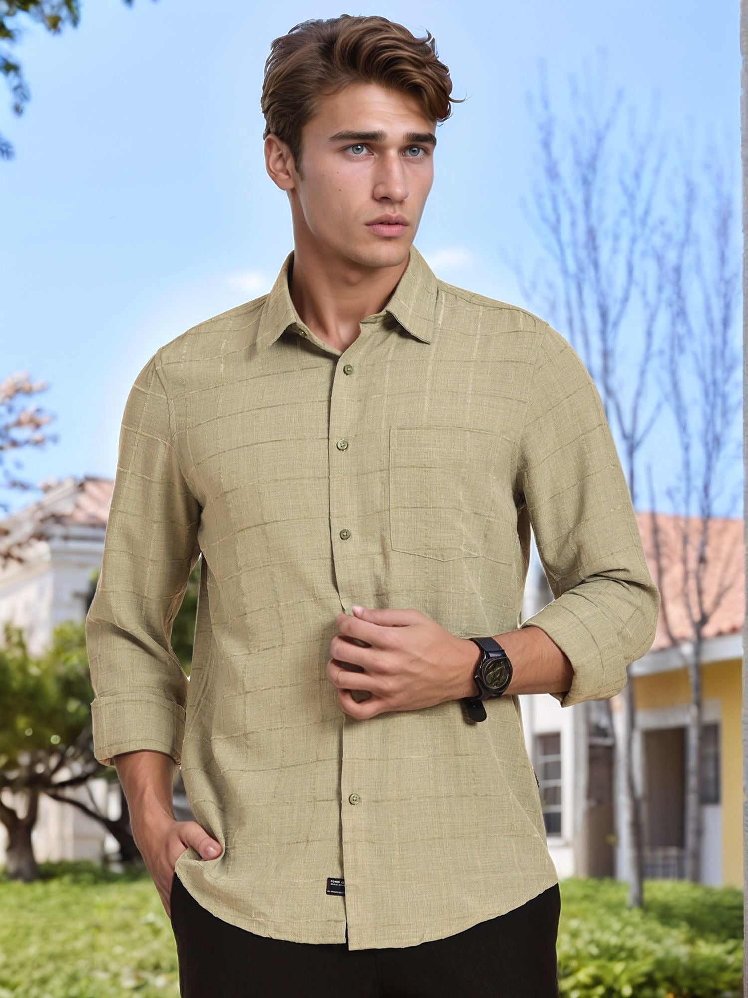 Thomas Scott Men Green Regular Fit Long Sleeves Spread Collar Windowpane Checks Casual Shirt