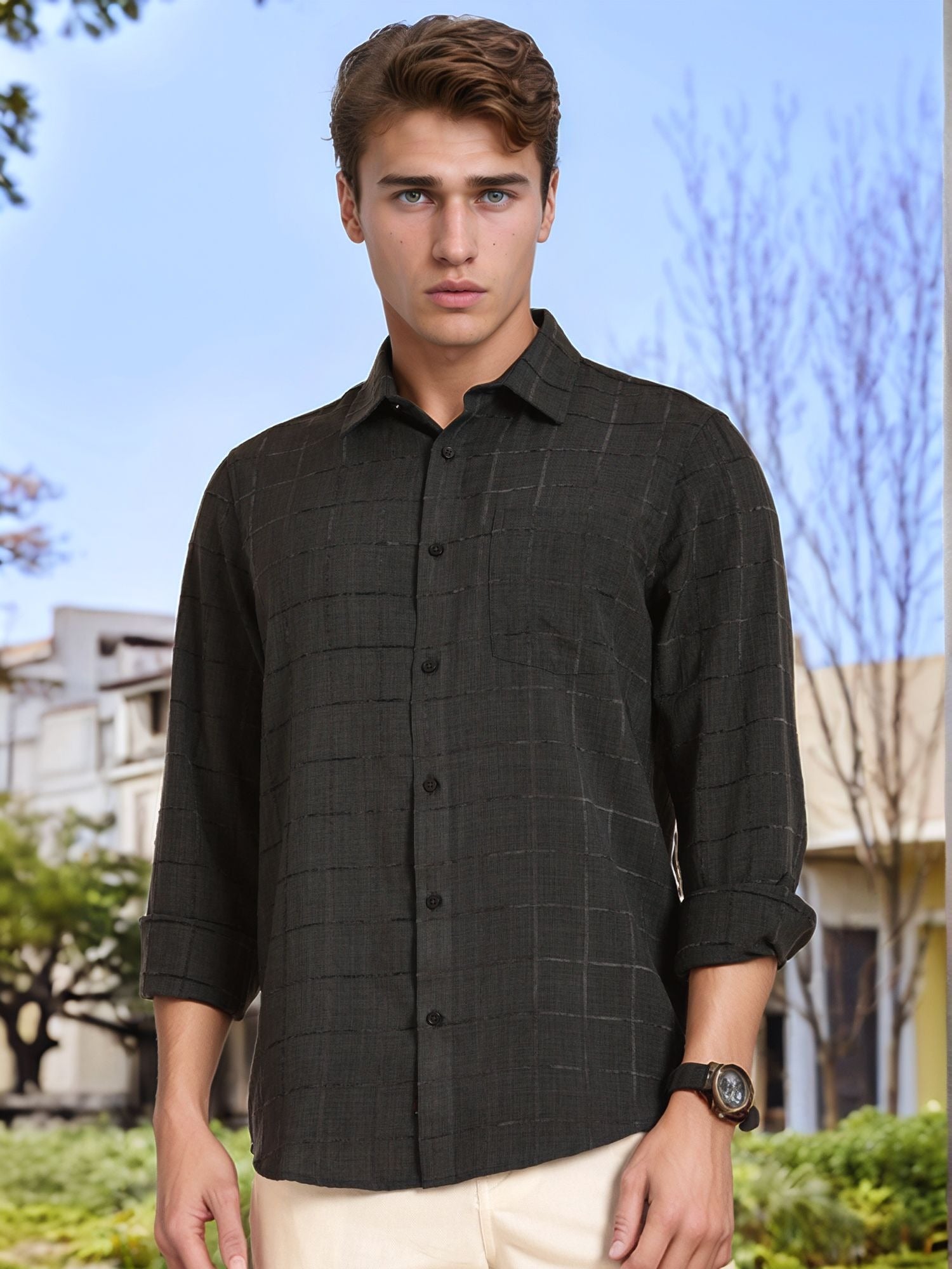 Thomas Scott Men Grey Regular Fit Long Sleeves Spread Collar Windowpane Checks Casual Shirt