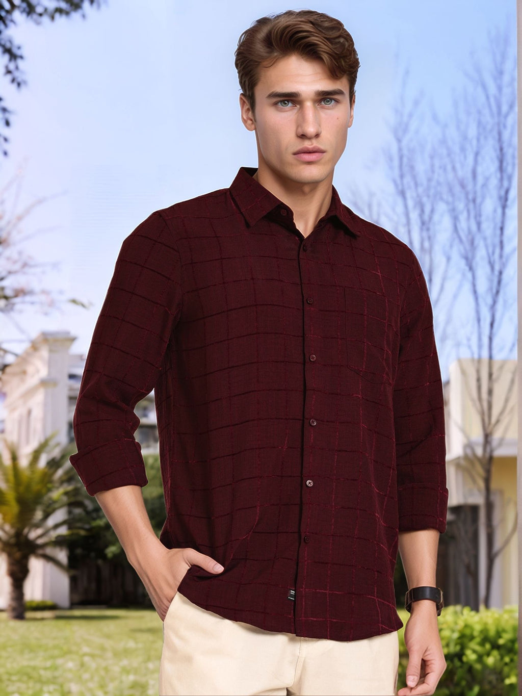 Thomas Scott Men Maroon Regular Fit Long Sleeves Spread Collar Windowpane Checks Casual Shirt