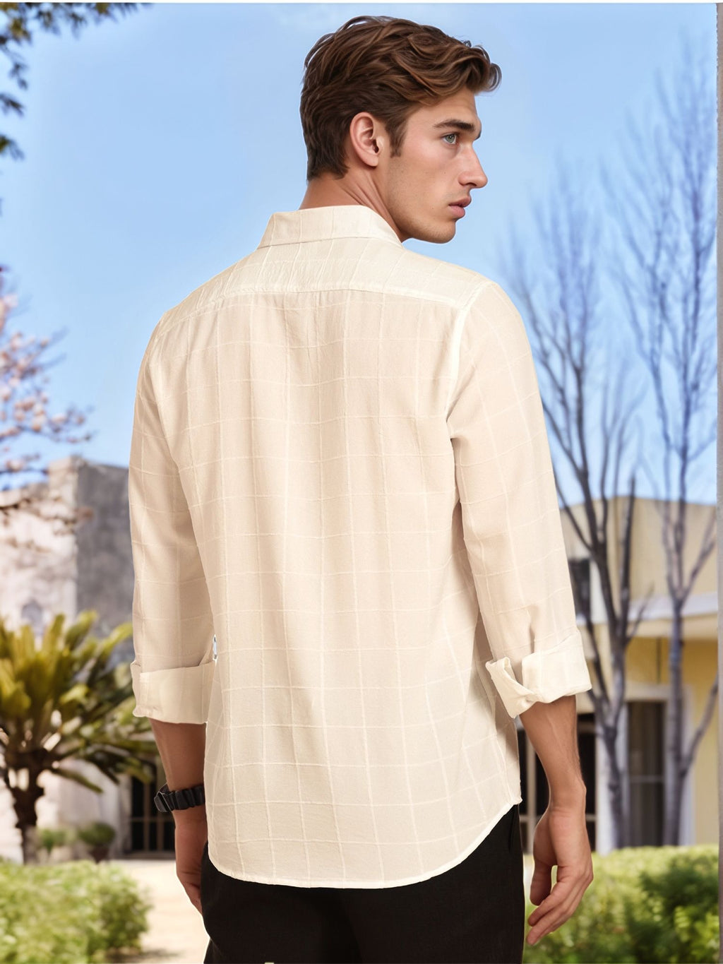 Thomas Scott Men White Regular Fit Long Sleeves Spread Collar Windowpane Checks Casual Shirt