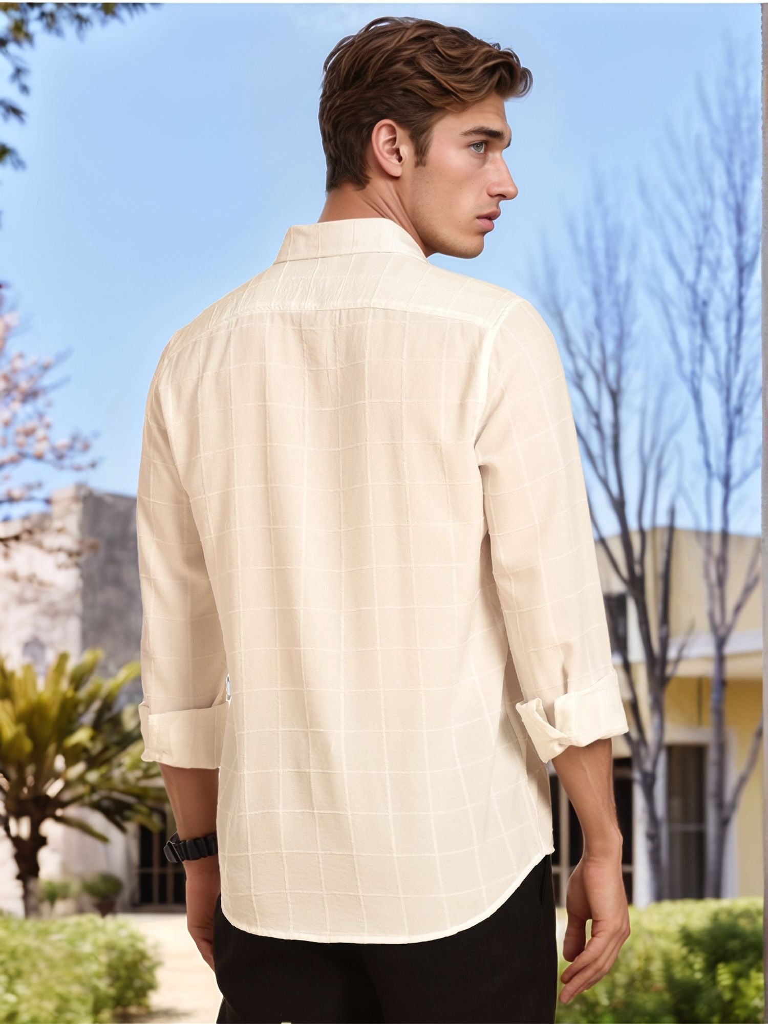 Thomas Scott Men White Regular Fit Long Sleeves Spread Collar Windowpane Checks Casual Shirt