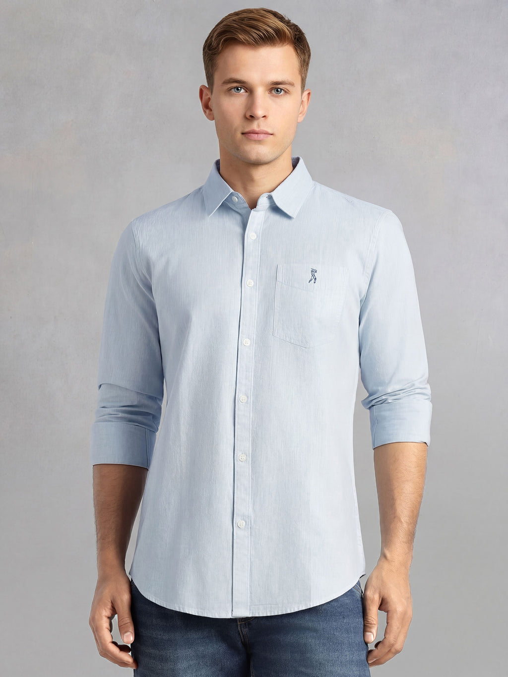 Thomas Scott Men Sky Blue Cricket Club Collection Slim Fit Long Sleeves Spread Collar Solid Cotton Linen Shirt