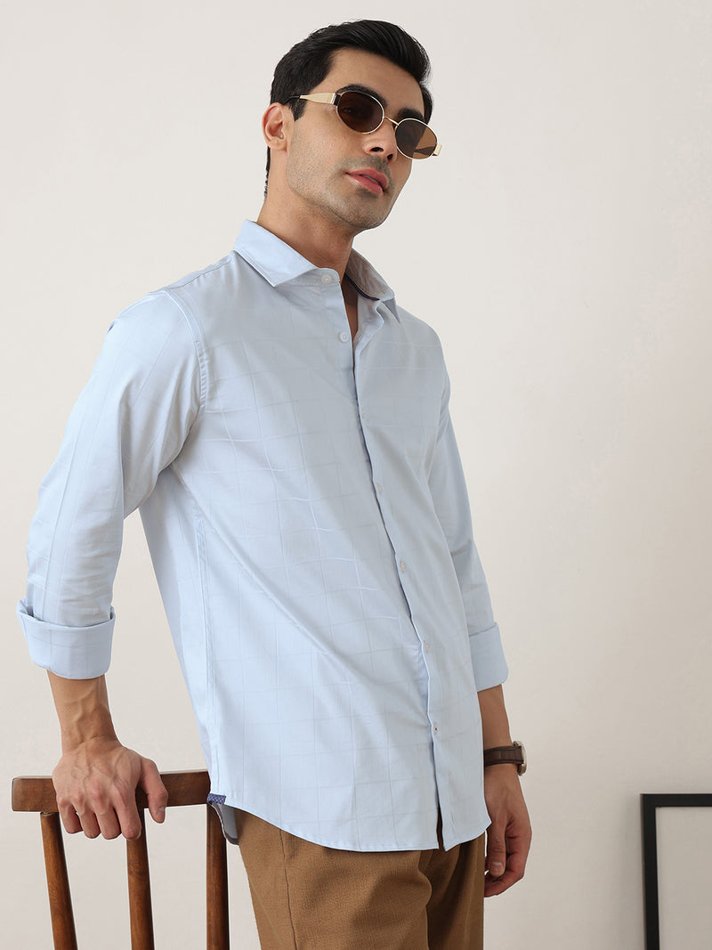 Thomas Scott Men Premium Sky Blue Regular Fit Long Sleeves Spread Collar Windowpane Checks Cotton Lycra Casual Shirt